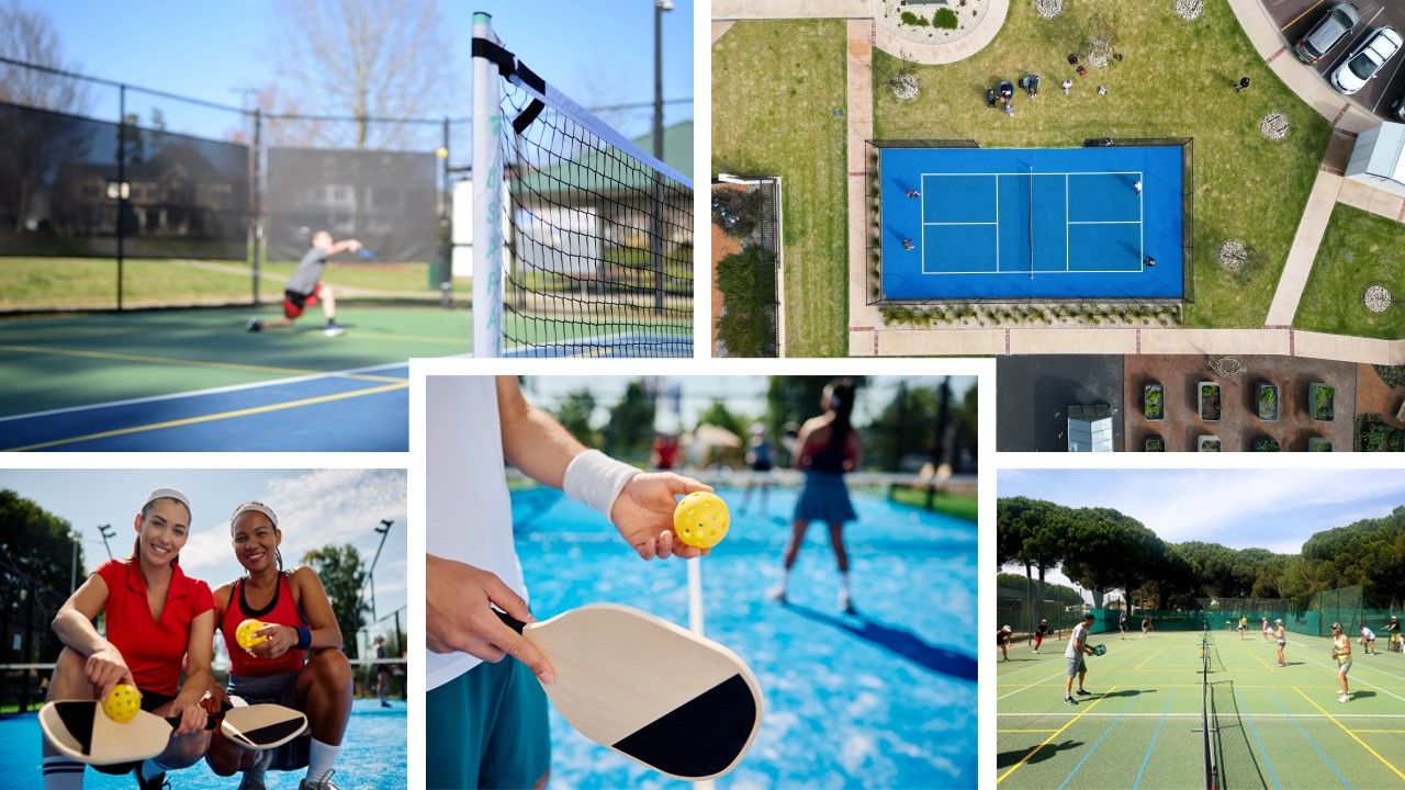 Several photos of people playing Pickleball